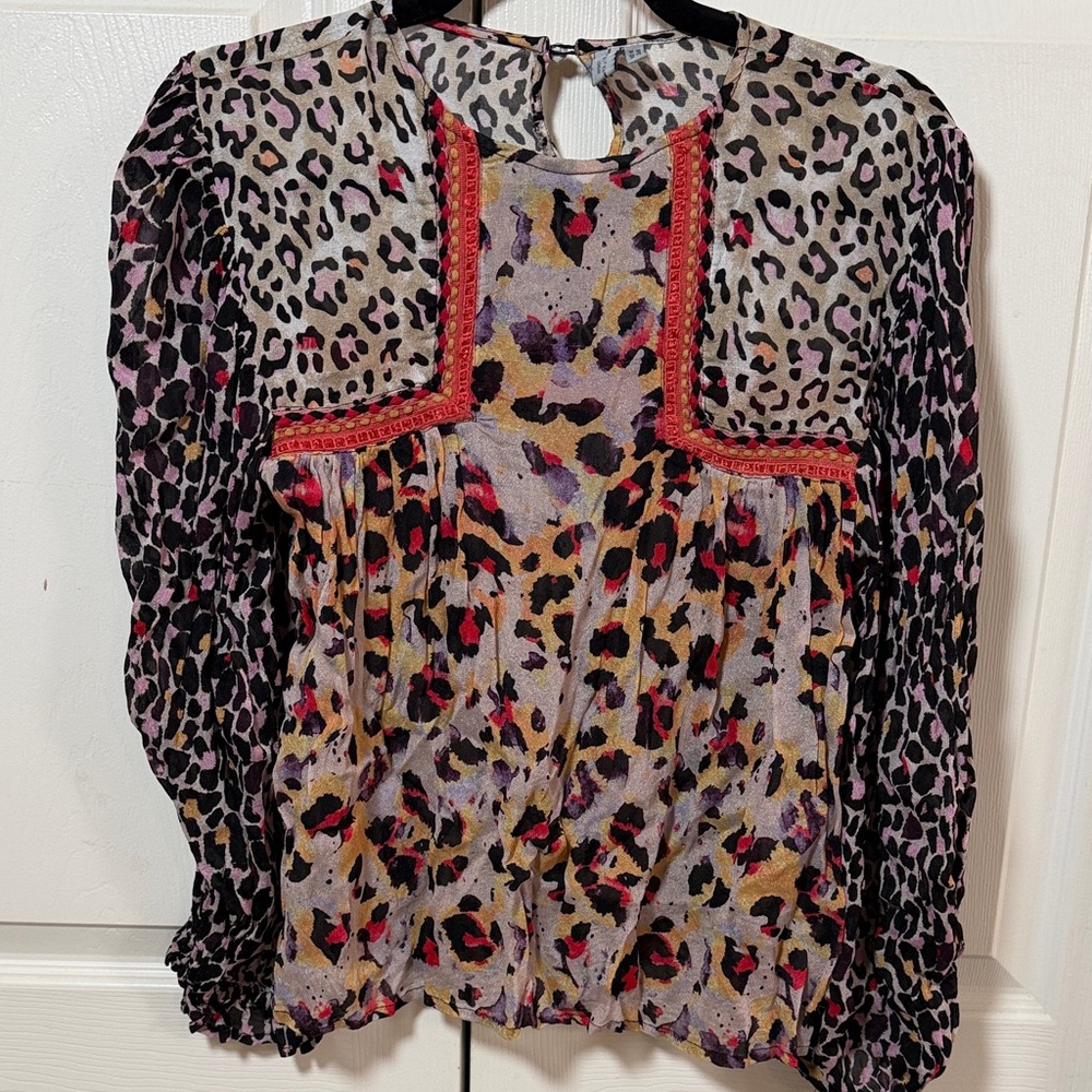 Blank London Anthropologie Leopard Peasant Women's Top with Red Trim- XS Petite